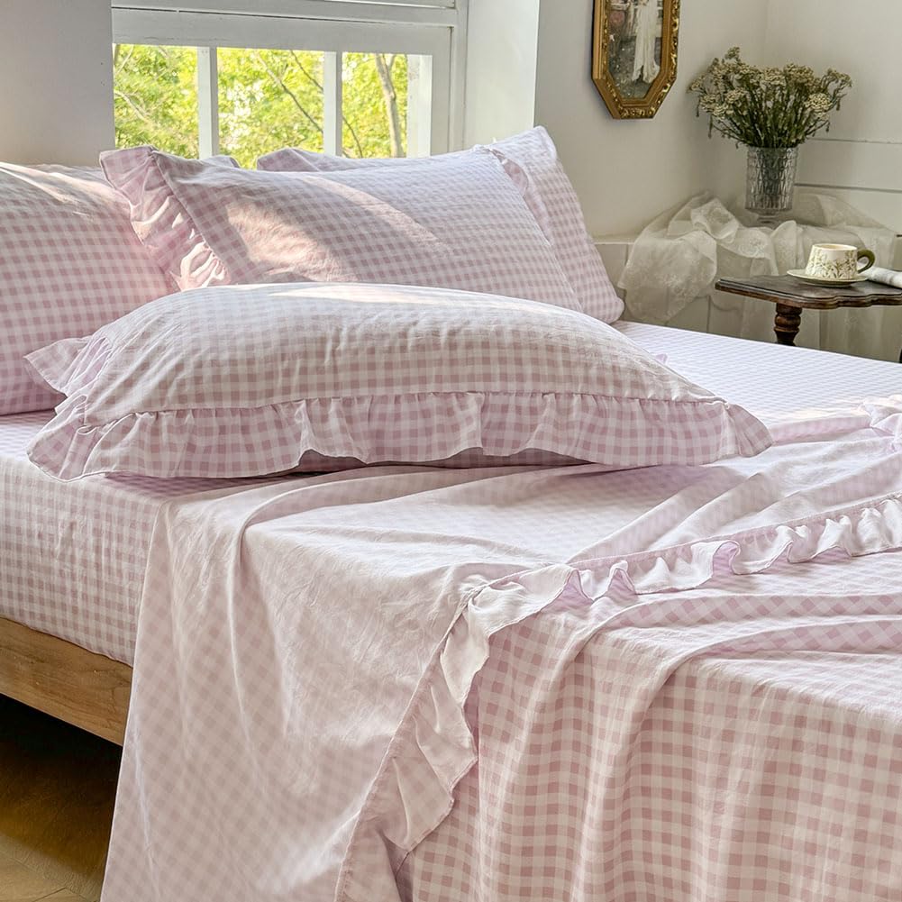 NSNLGSGC Pink Gingham Ruffle Queen Sheet Set, pink gingham close-up, soft and breathable.