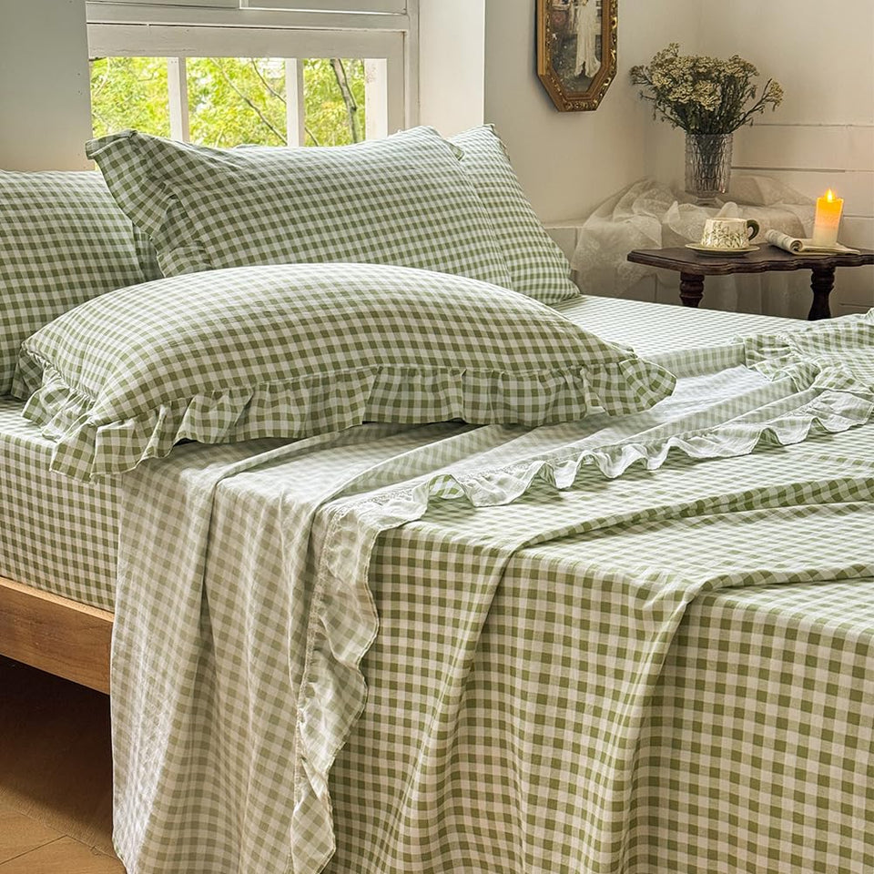 NSNLGSGC sage green gingham ruffle flat sheet, soft microfiber for cozy year-round comfort.