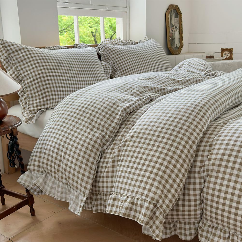 NSNLGSGC Tan Gingham Duvet Cover with ruffle edges for cozy vintage charm.