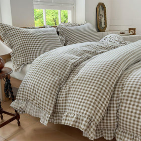 NSNLGSGC Tan Gingham Duvet Cover with ruffle edges for cozy vintage charm.