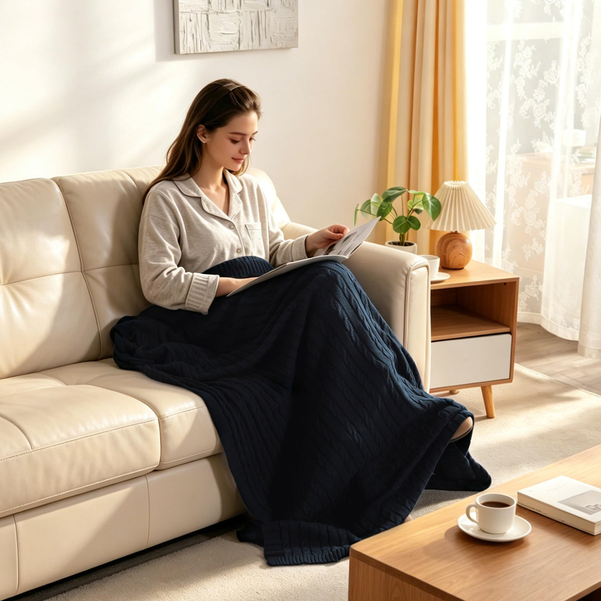 NTBAY navy throw draped on sofa adds lightweight warmth.