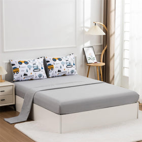 NTBED flat sheet showcases construction trucks pattern to spark imaginative play and tidy bedding.