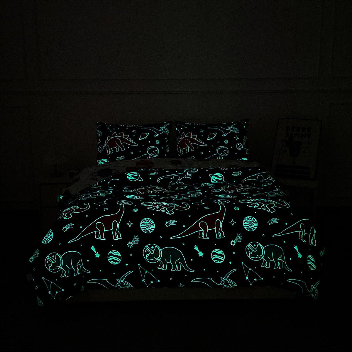 NTBED kids bedroom setup with dinosaur space bedding theme