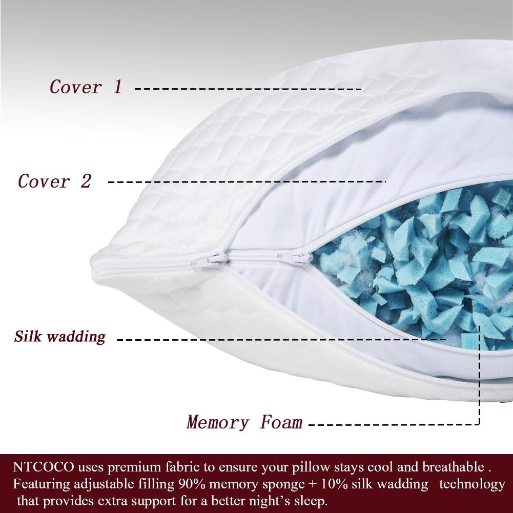 NTCOCO shredded memory foam fill close-up showing adjustable height