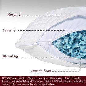 NTCOCO shredded memory foam fill close-up showing adjustable height