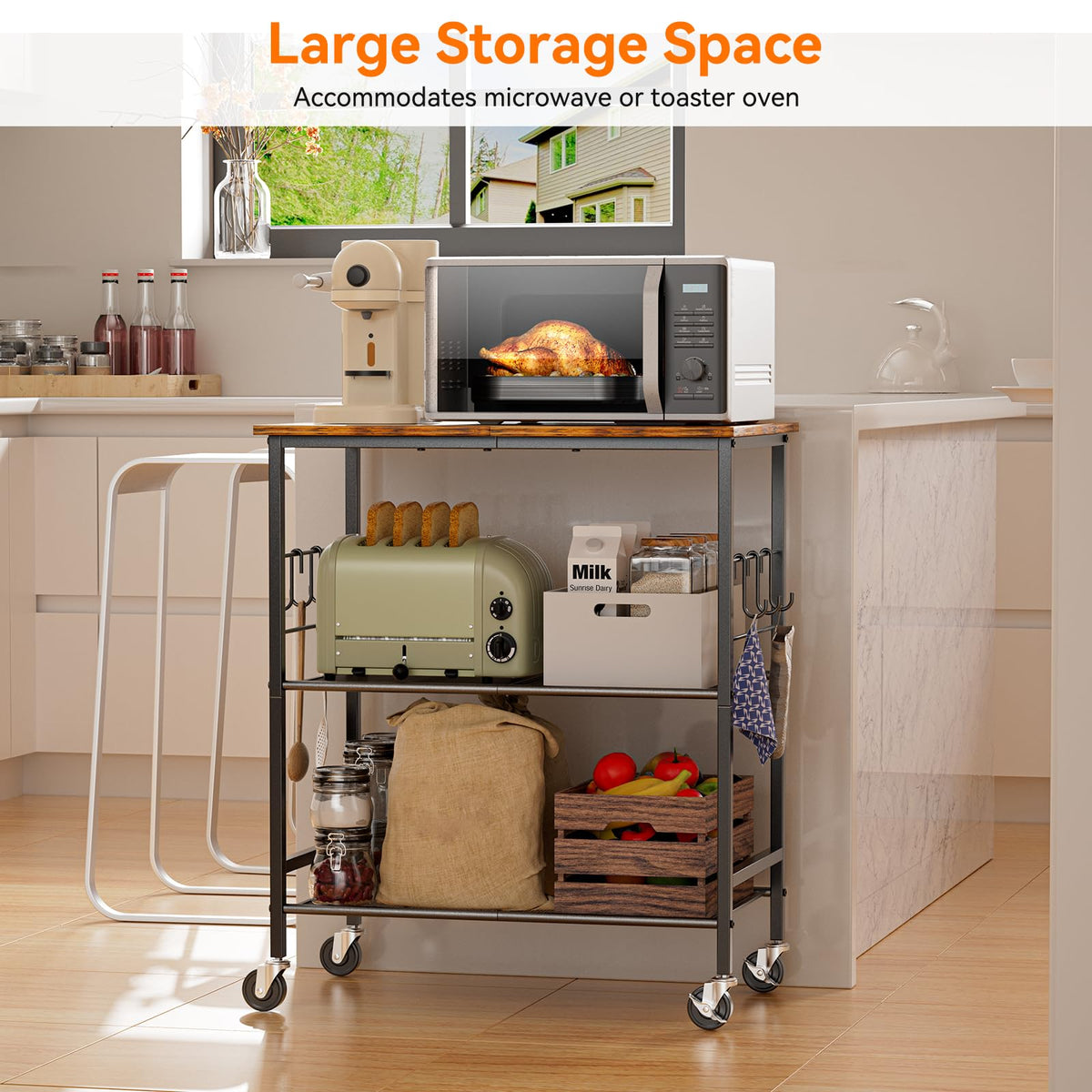 NTE rolling kitchen microwave cart shelves and storage for organized space.