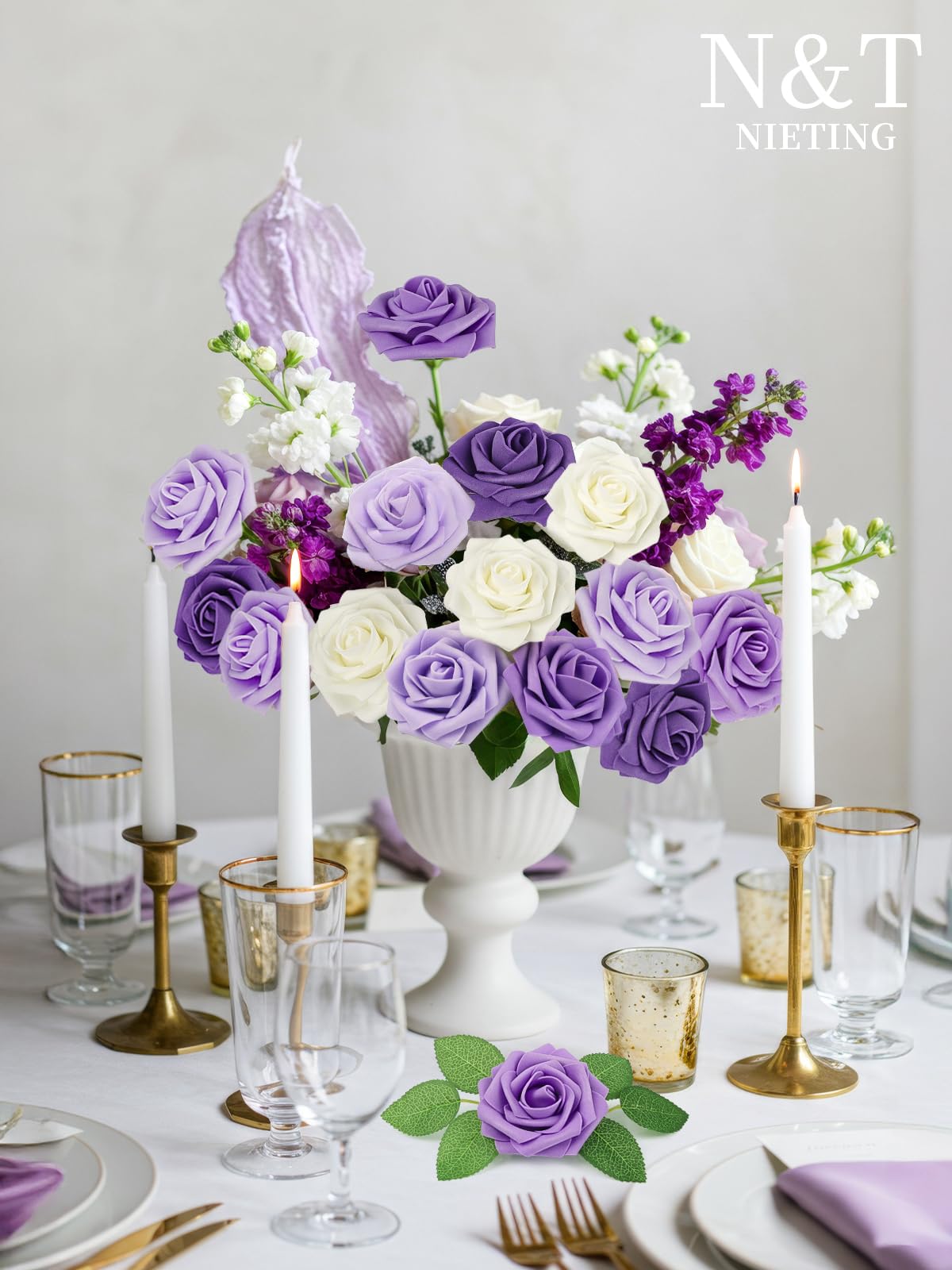 N&T NIETING purple foam roses with stems highlight vibrant color ideal for weddings.