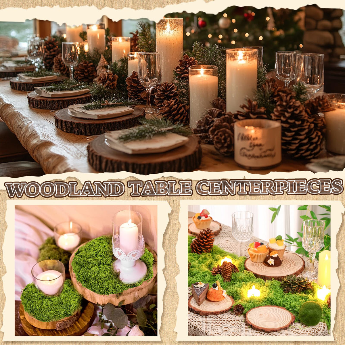 Nuanchu wood slice DIY centerpiece idea with moss.