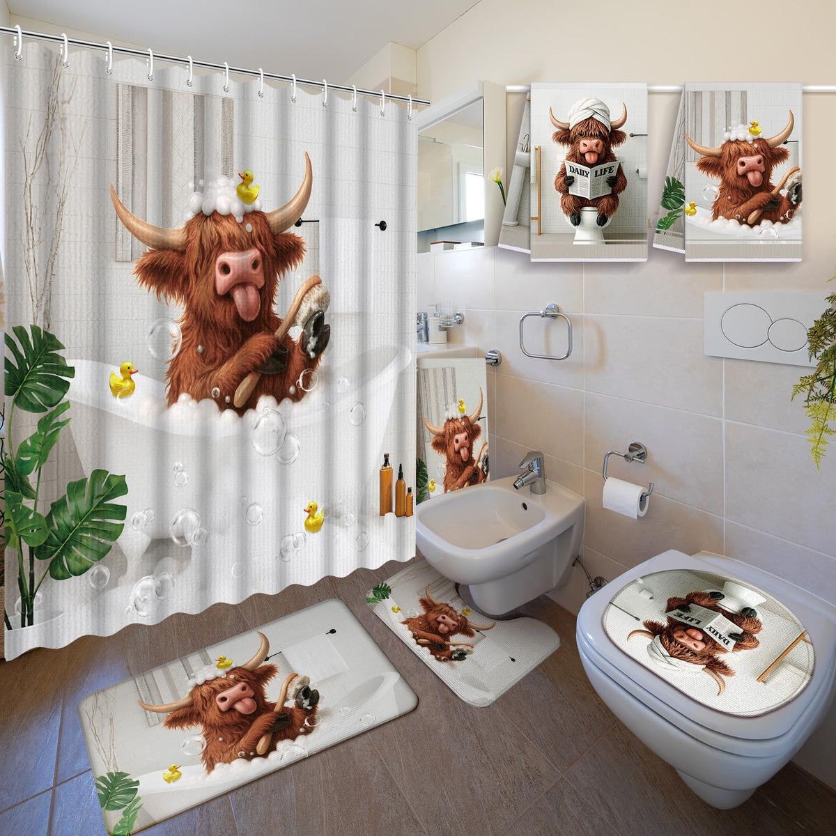 Nuanchu Highland Cow shower curtain pattern brighten your bathroom.