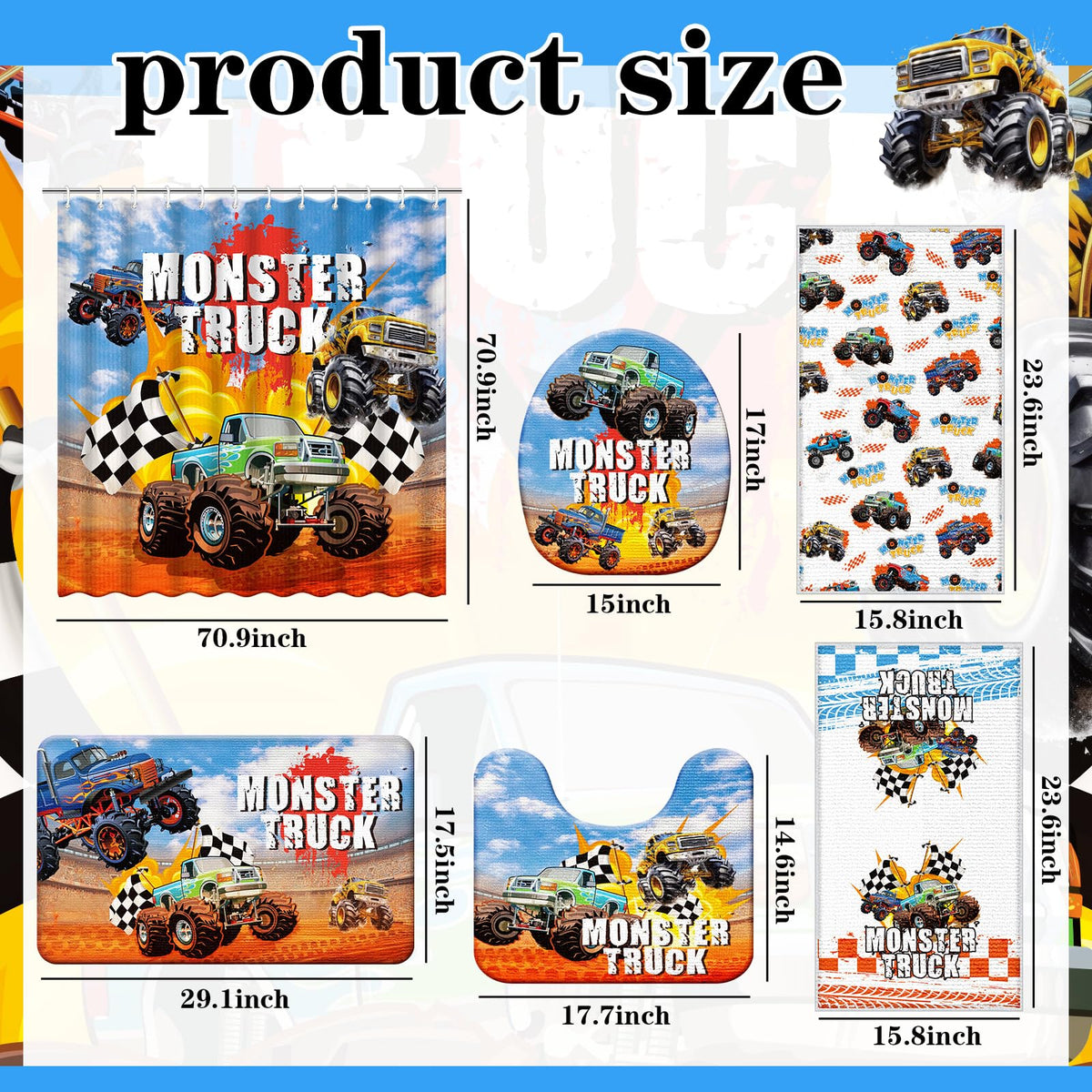 Nuanchu Monster Truck bath mat adds soft, non-slip comfort.