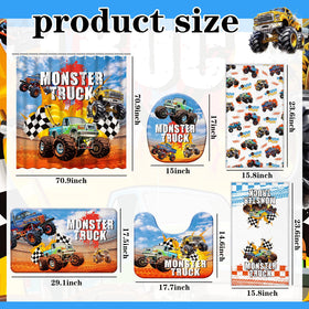 Nuanchu Monster Truck bath mat adds soft, non-slip comfort.