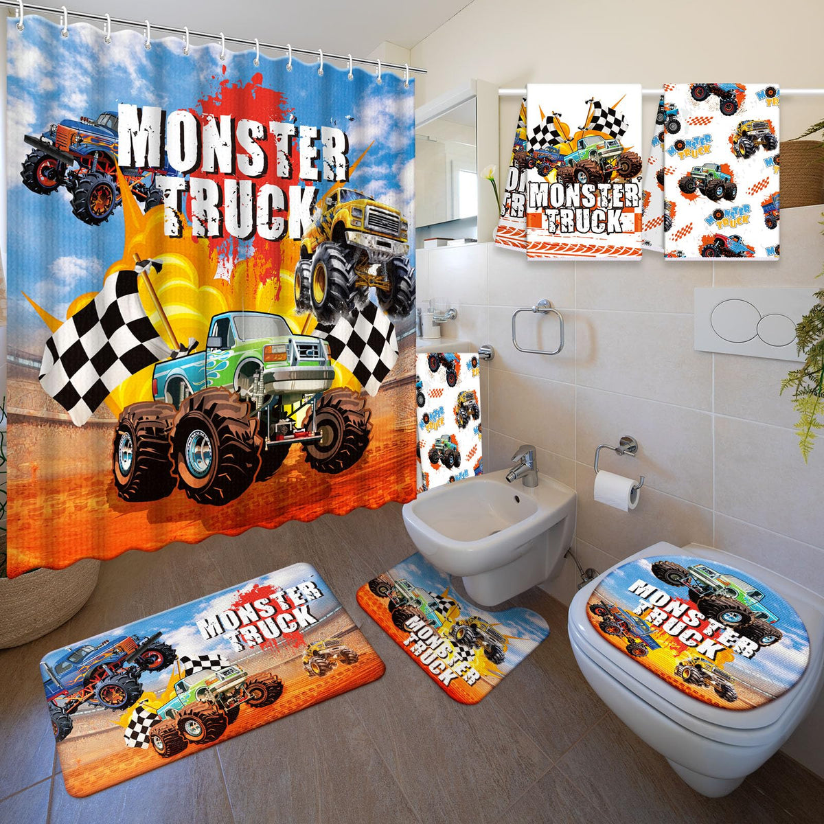 Nuanchu Monster Truck shower curtain design for a bold bathroom upgrade.
