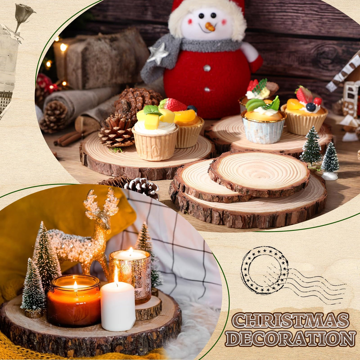 Nuanchu natural wood rounds for table decor with moss accents.