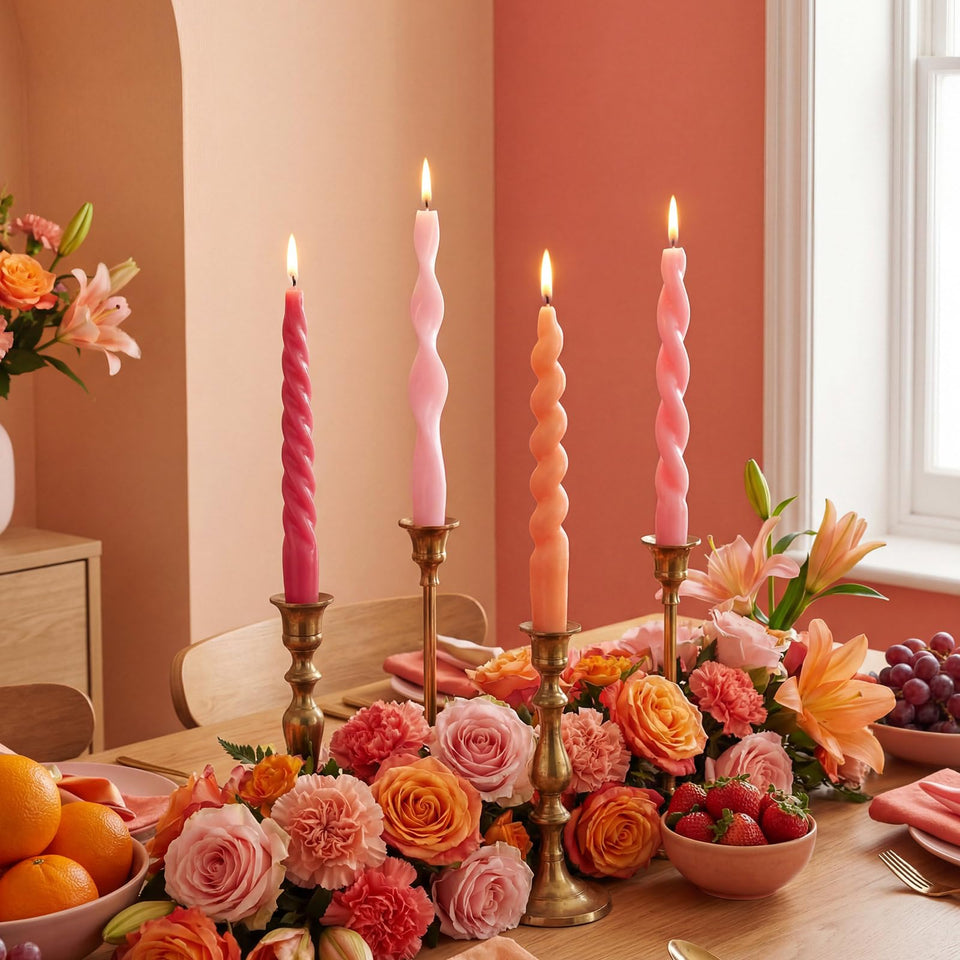 Nuanchu pink twisted taper candle, 7.87 inches, enhances centerpiece ambiance with clean burn.