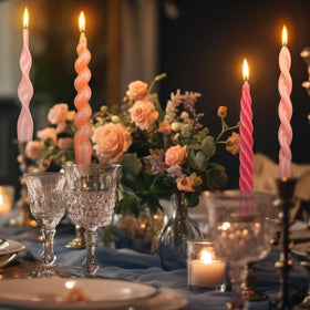 Nuanchu pink twisted candle on holder display for lit or unlit ambience.