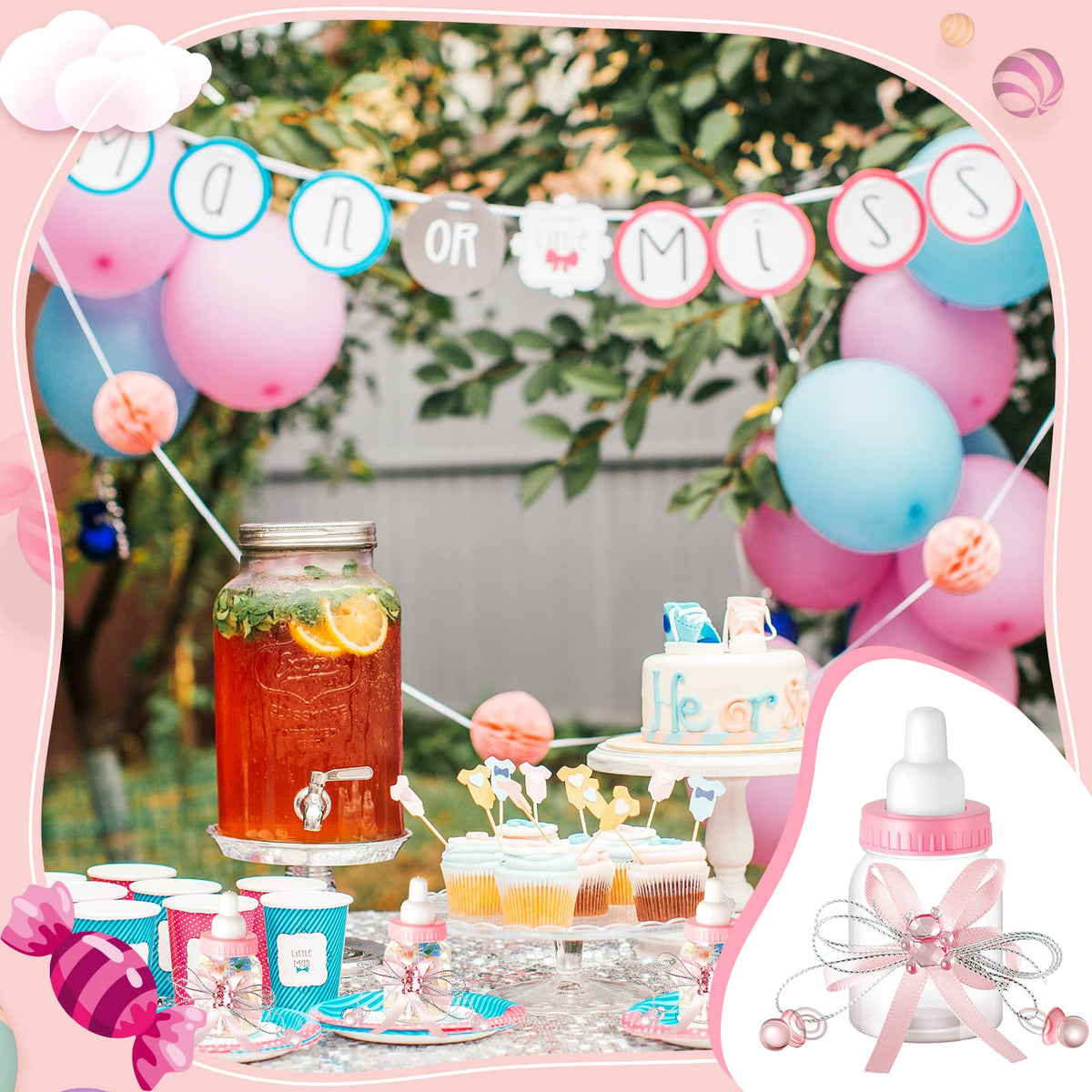 Nuenen gender reveal bottle favors with cute bear accents.