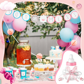 Nuenen gender reveal bottle favors with cute bear accents.