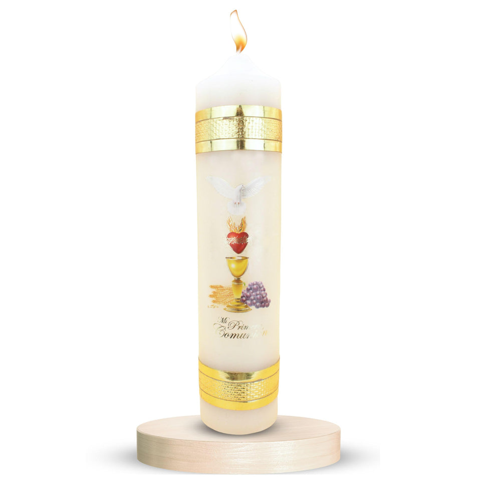 Nuestra Fe authentic first-communion candle artisan-detail highlights craftsmanship for ceremonies.