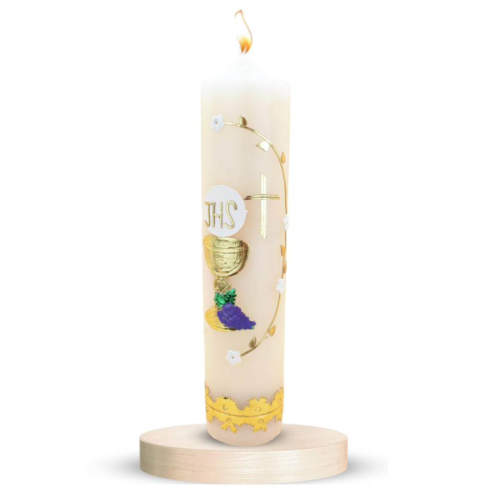 Nuestra Fe first communion candle by La Villa de Guadalupe showcases artisanal craftsmanship for sacred moments.