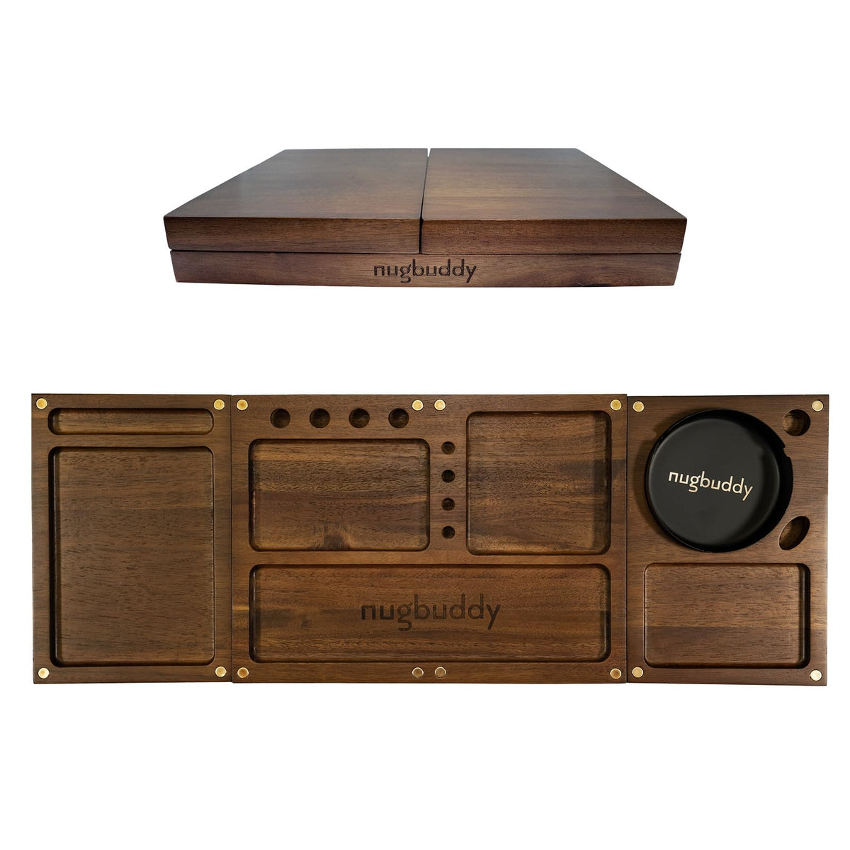 Nugbuddy wooden rolling tray with 3-in-1 folding design for versatile setup.