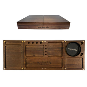 Nugbuddy wooden rolling tray with 3-in-1 folding design for versatile setup.