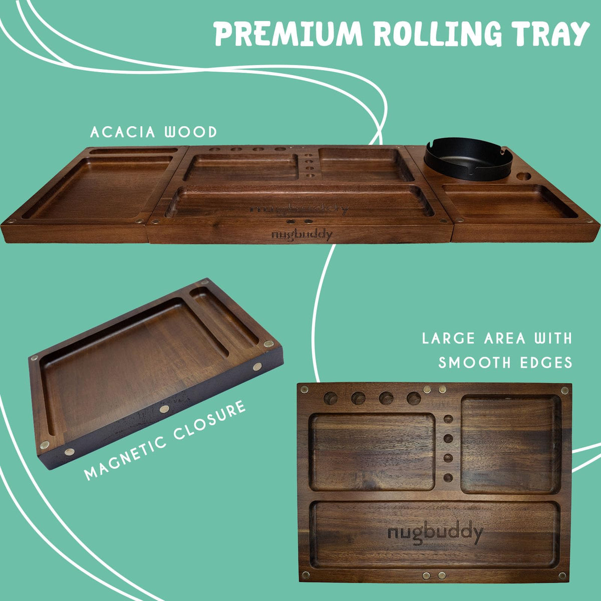 Nugbuddy acacia wood rolling tray shows premium grain and durability.