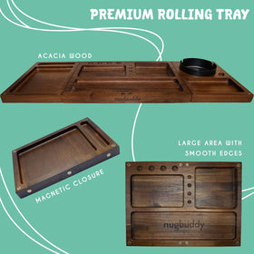 Nugbuddy acacia wood rolling tray shows premium grain and durability.