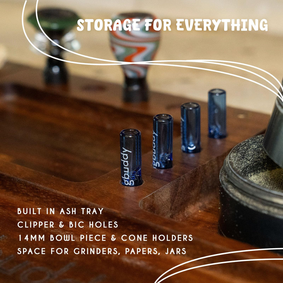 Nugbuddy tray built-in storage slots for Bics and Clippers on the go.