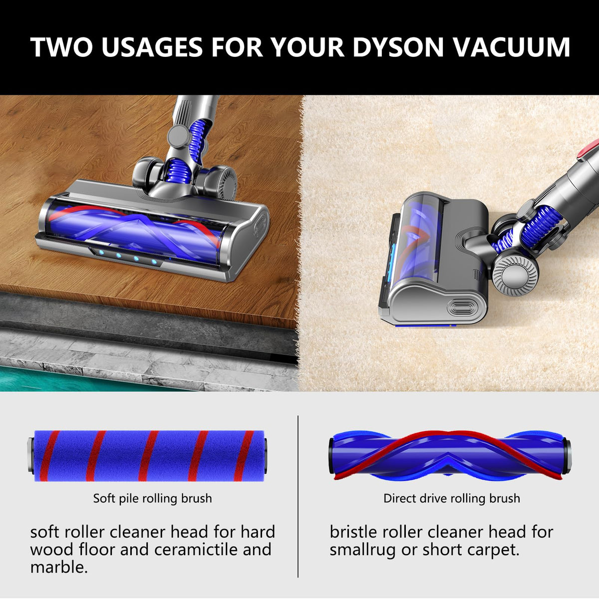 Nukisa dual roller brushes remove tangled hair while cleaning carpets.