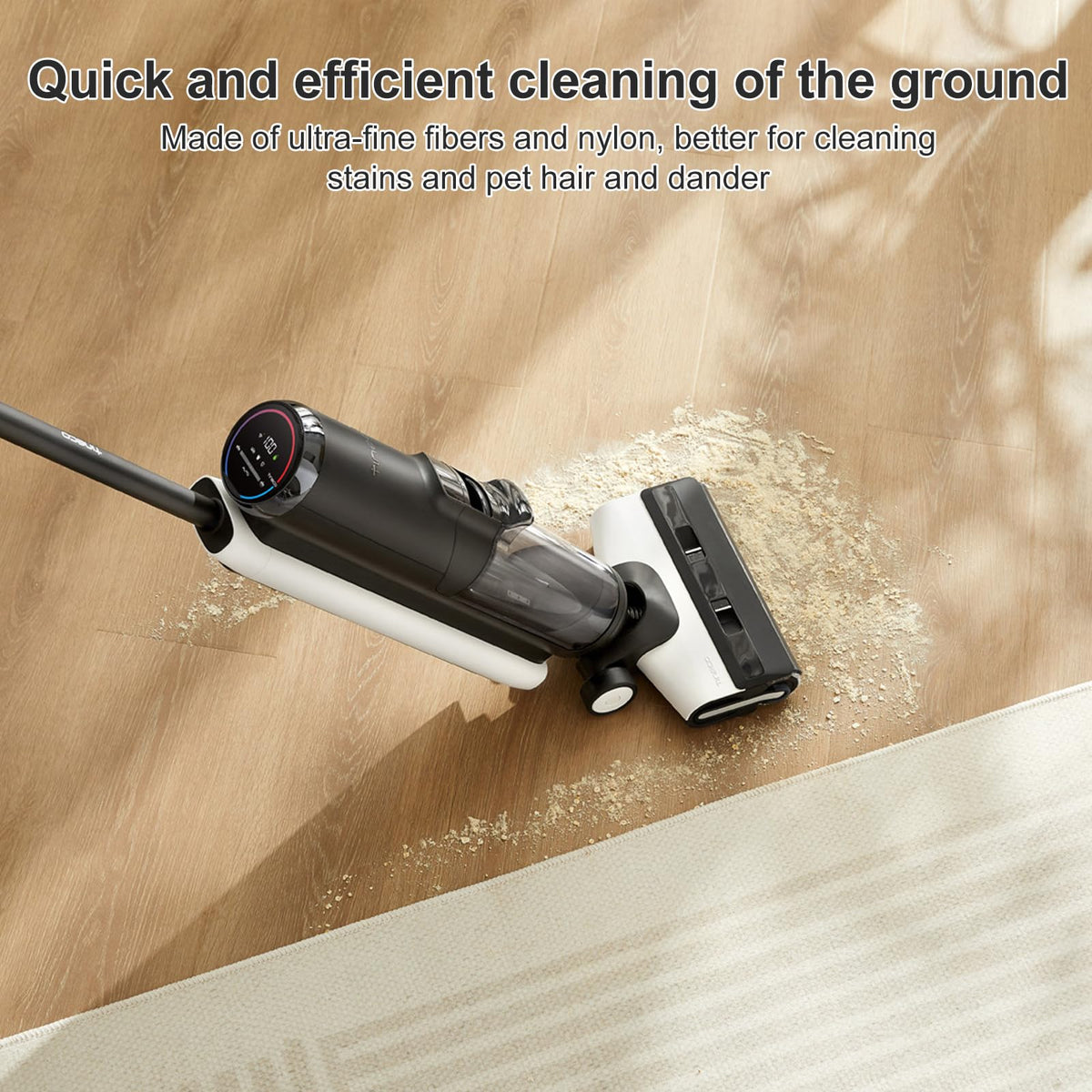 Nukisa hard-floor-friendly brushes support safe cleaning on laminate and tile.