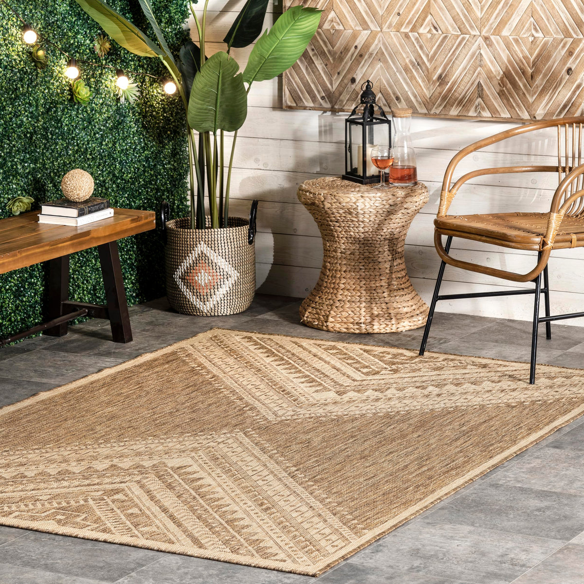 nuLOOM Landry brown/ivory outdoor rug with geometric pattern for patio spaces.