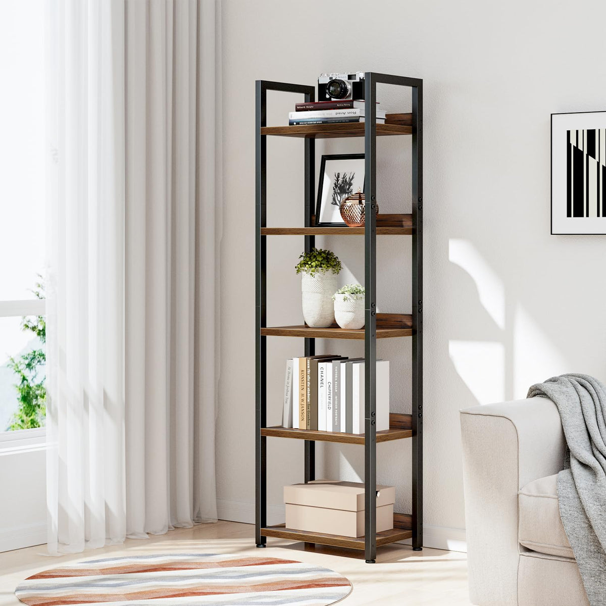 NUMENN Narrow Bookshelf closeup shows waterproof surface and scratch resistance.