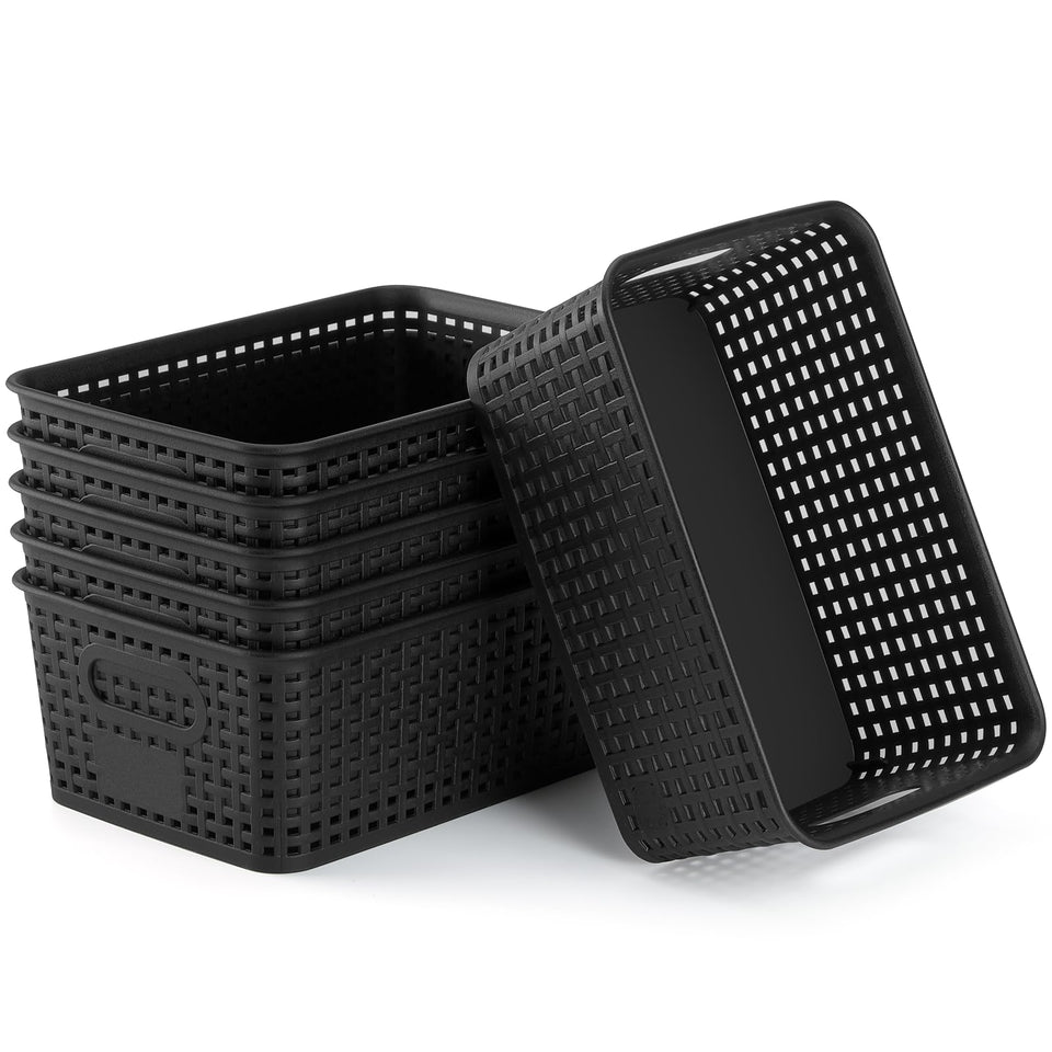 NUMIFUN plastic storage baskets six-pack on a shelf for clutter-free organization.