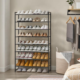 Nunsino metal shoe rack side view highlights sturdy frame and eight-wire shelves.