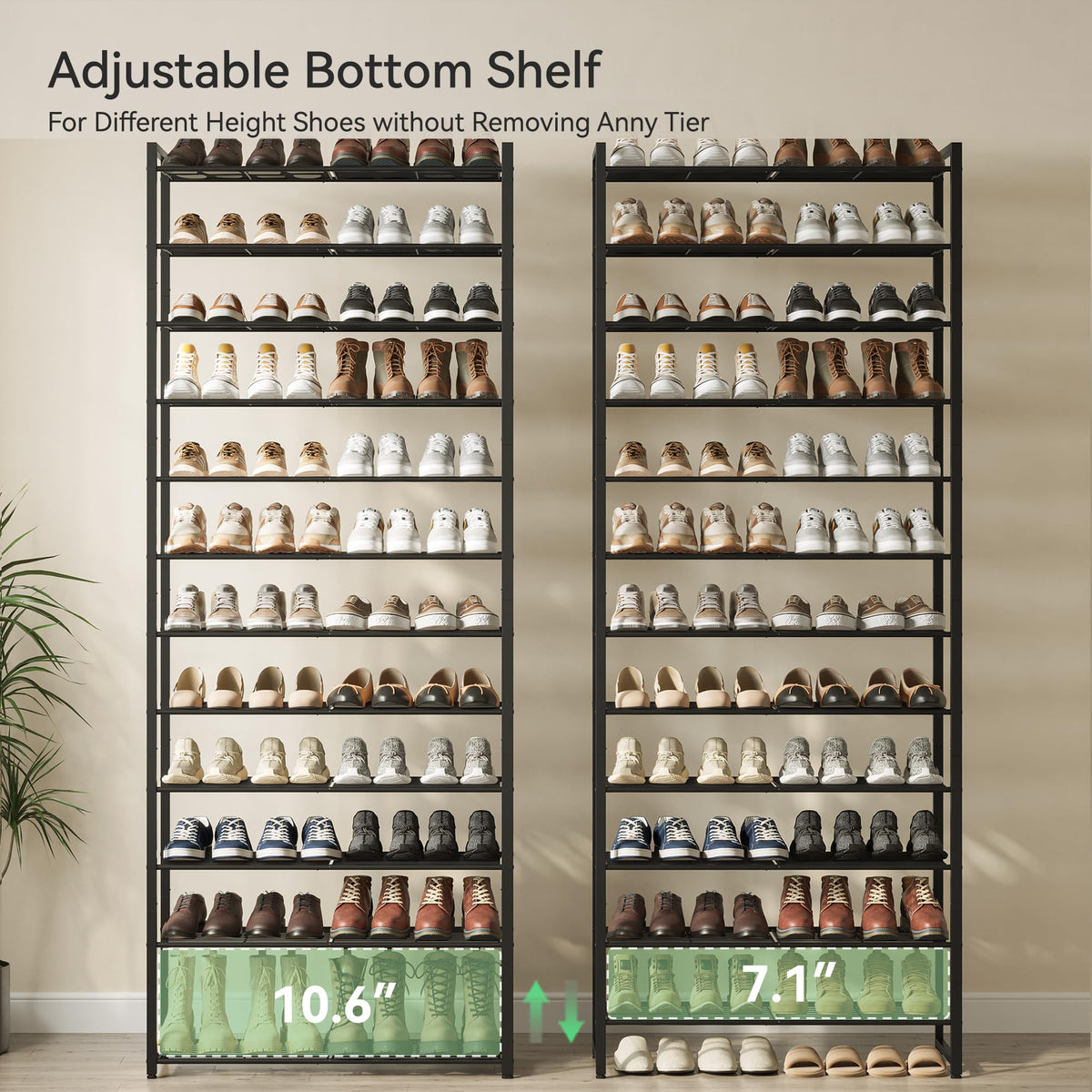 Heavy-duty metal frame with 22 lb per shelf support and stability features