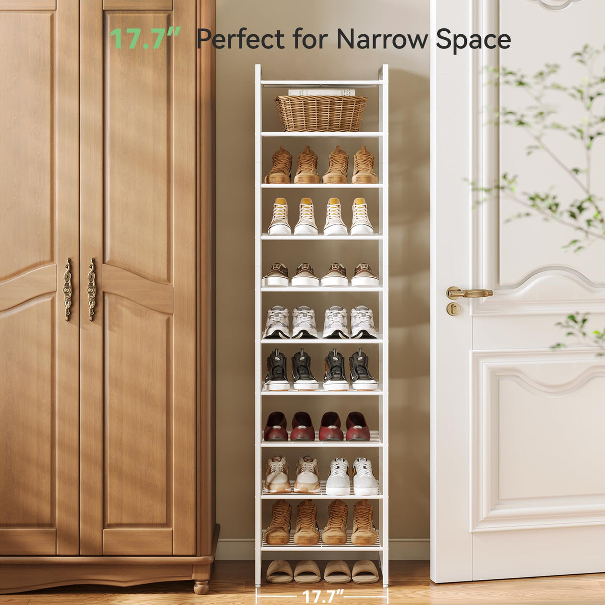 Adjustable bottom shelf extends to fit boots and tall shoes.