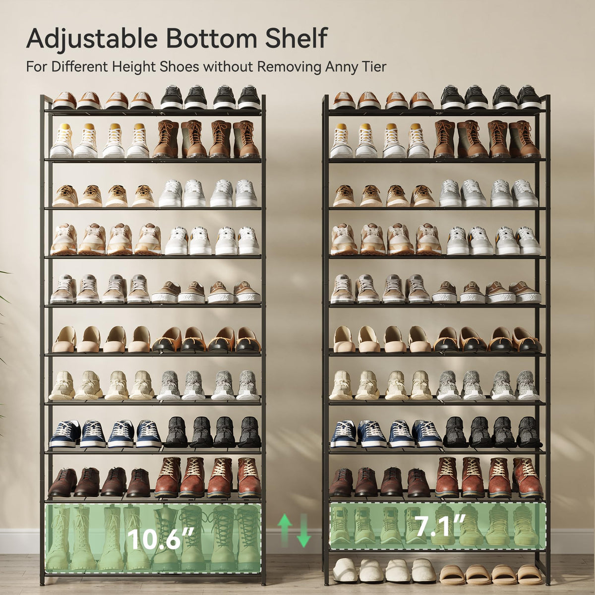 Nunsino holds up to 50 pairs, ideal for seasonal footwear storage.