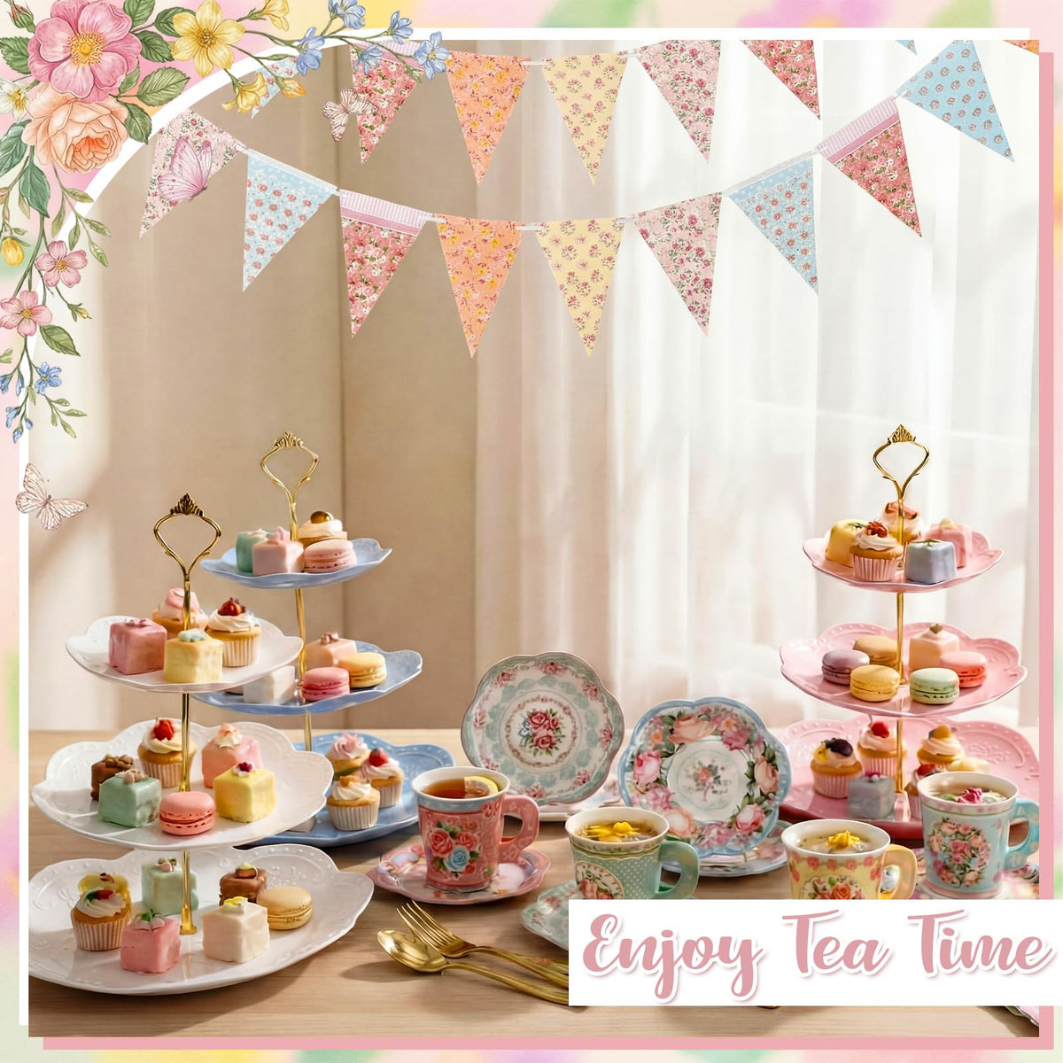 Nuogo floral party tableware provides a complete setup for 40 guests.