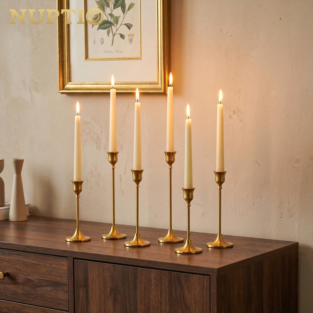 NUPTIO taper candle holders close-up showing brushed finish and premium craftsmanship.