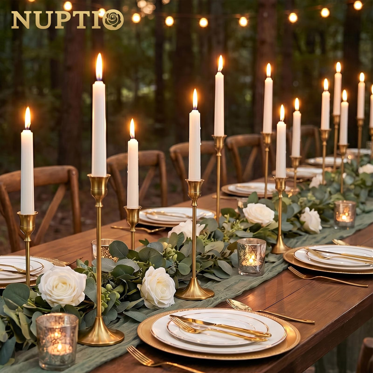 NUPTIO brass candle holders on a dining table create warm ambiance.