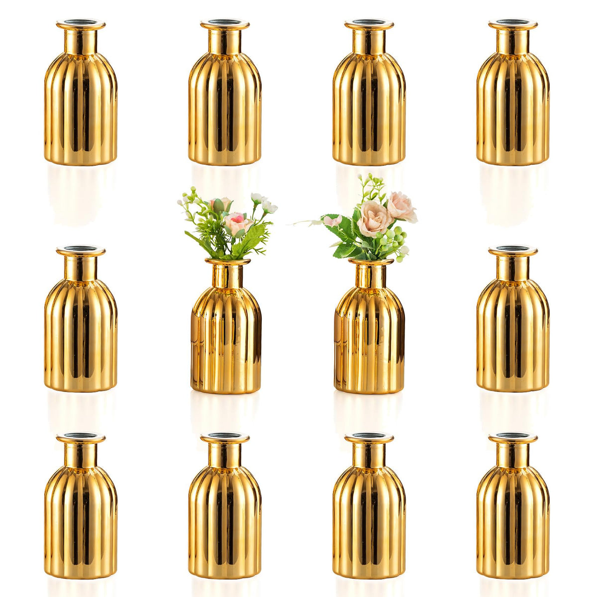NUPTIO Bud Vases Gold 12-pack with 3cm opening, ideal for cohesive wedding centerpieces.