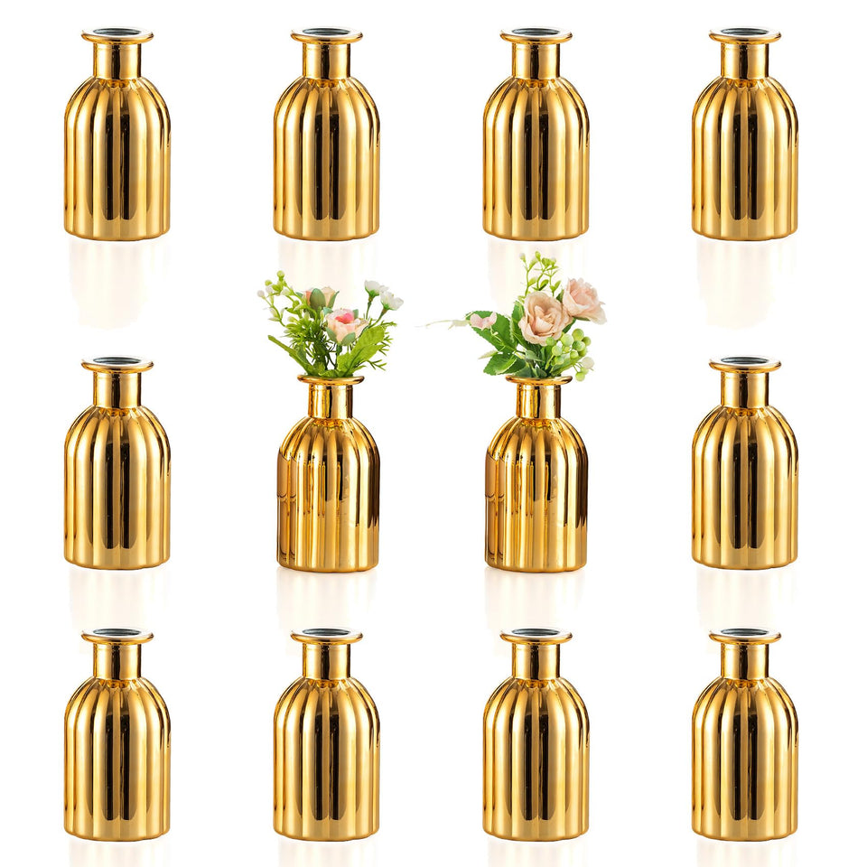 NUPTIO Bud Vases Gold 12-pack with 3cm opening, ideal for cohesive wedding centerpieces.