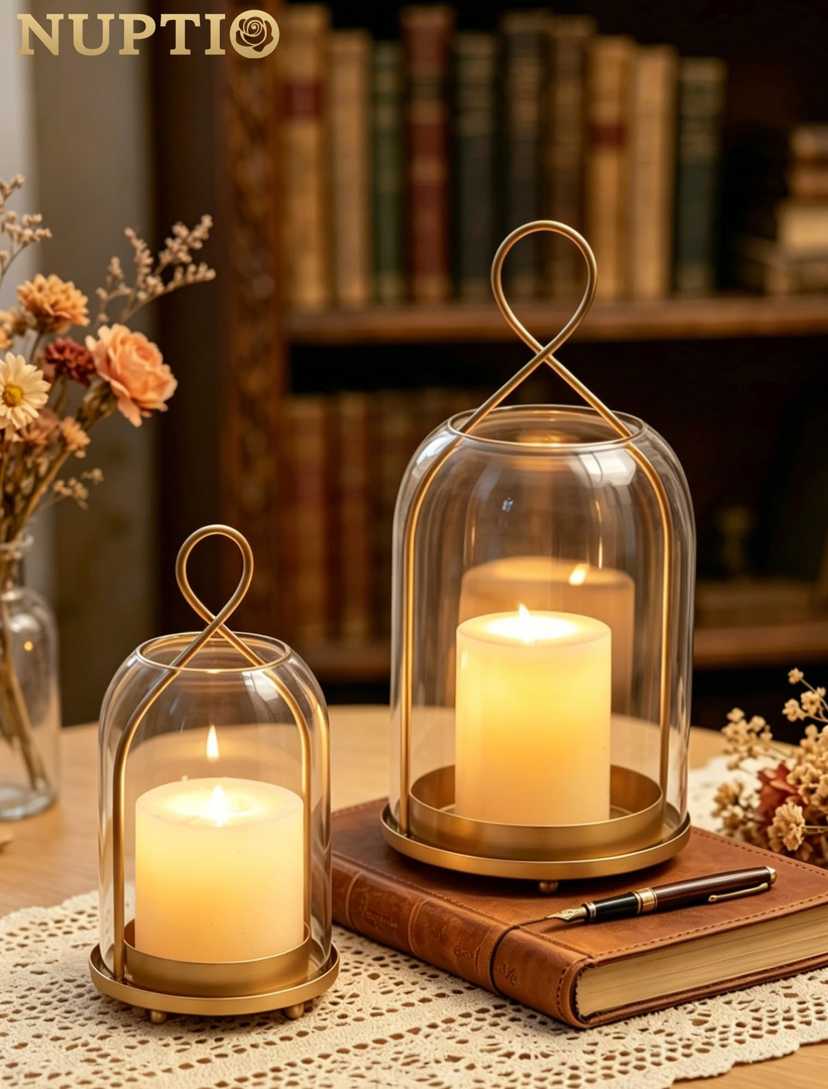 NUPTIO wedding centerpiece lantern in gold for celebrations.