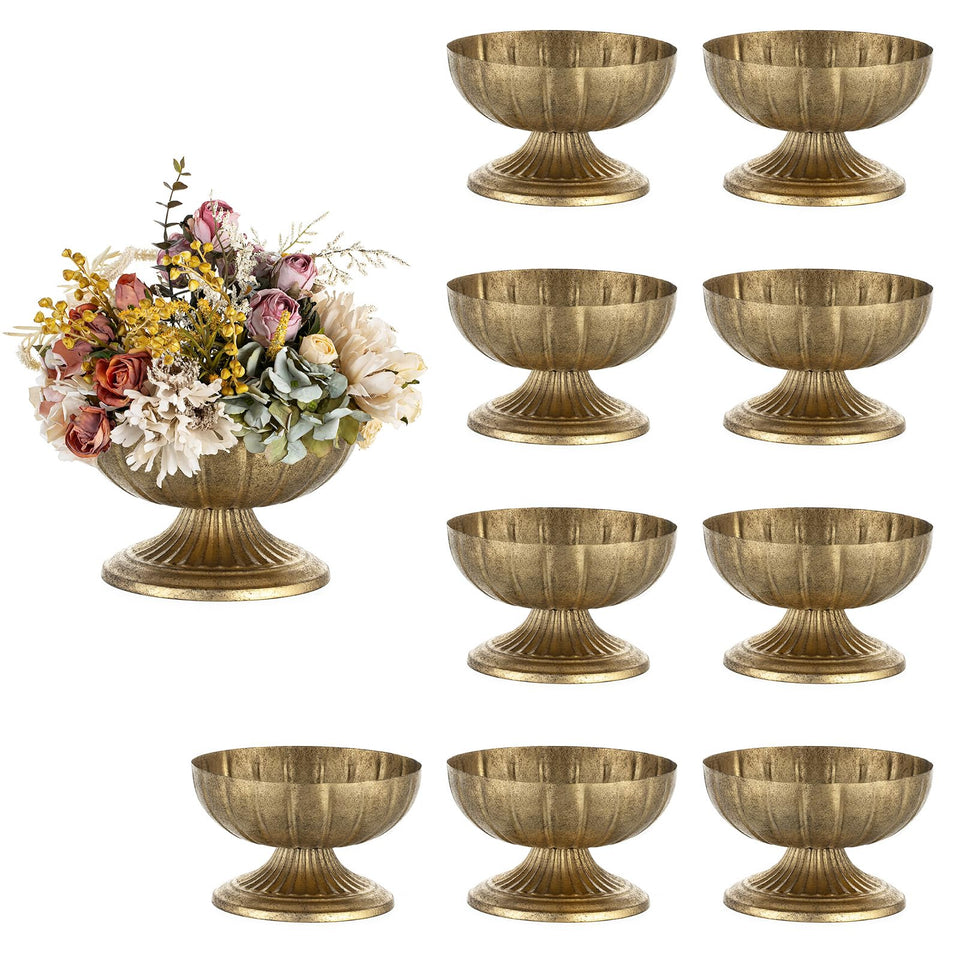 NUPTIO Gold Compote Vase with distressed brass urn for elegant wedding centerpieces