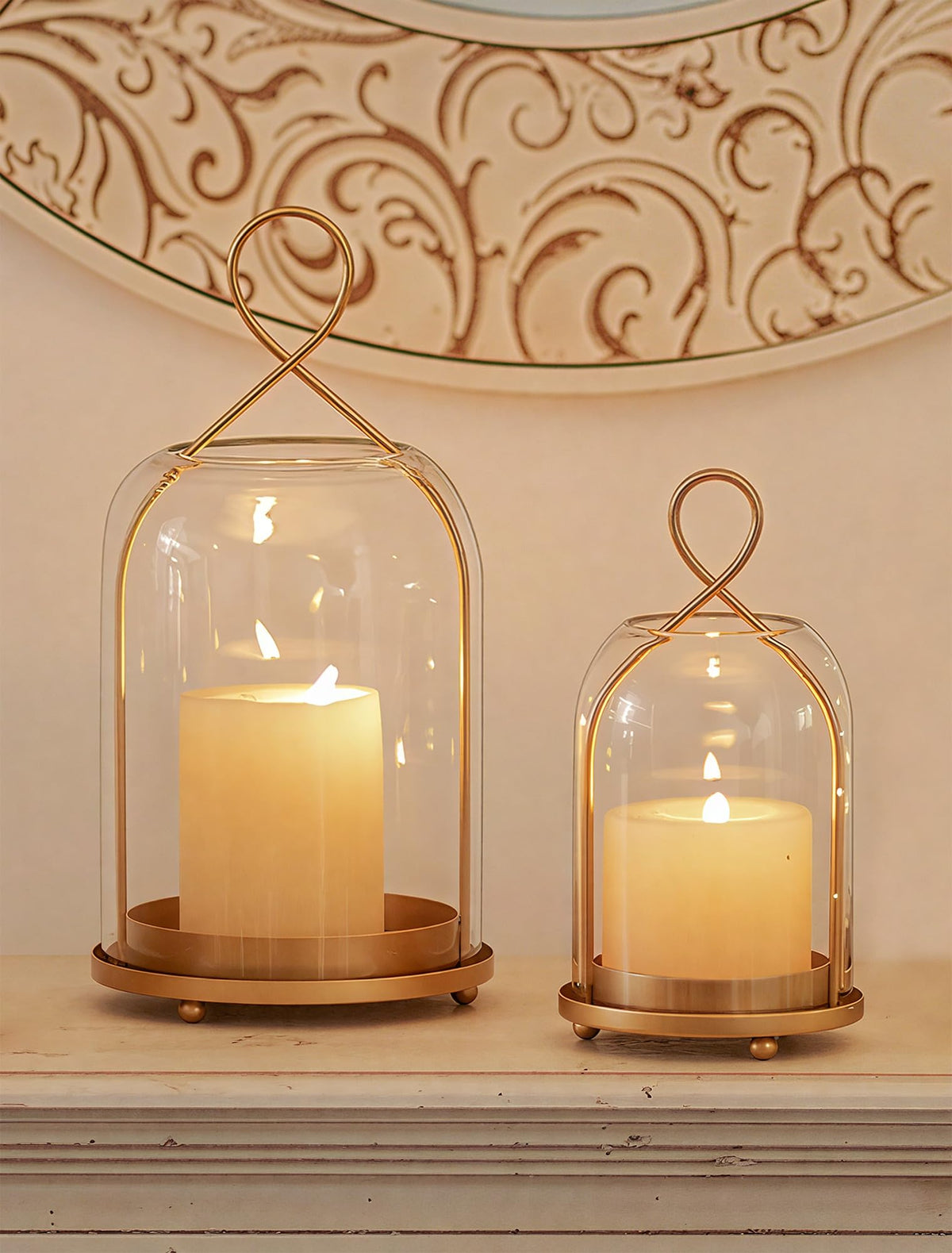 NUPTIO gold glass hurricane lanterns 2-pack front view for elegant outdoor decor.