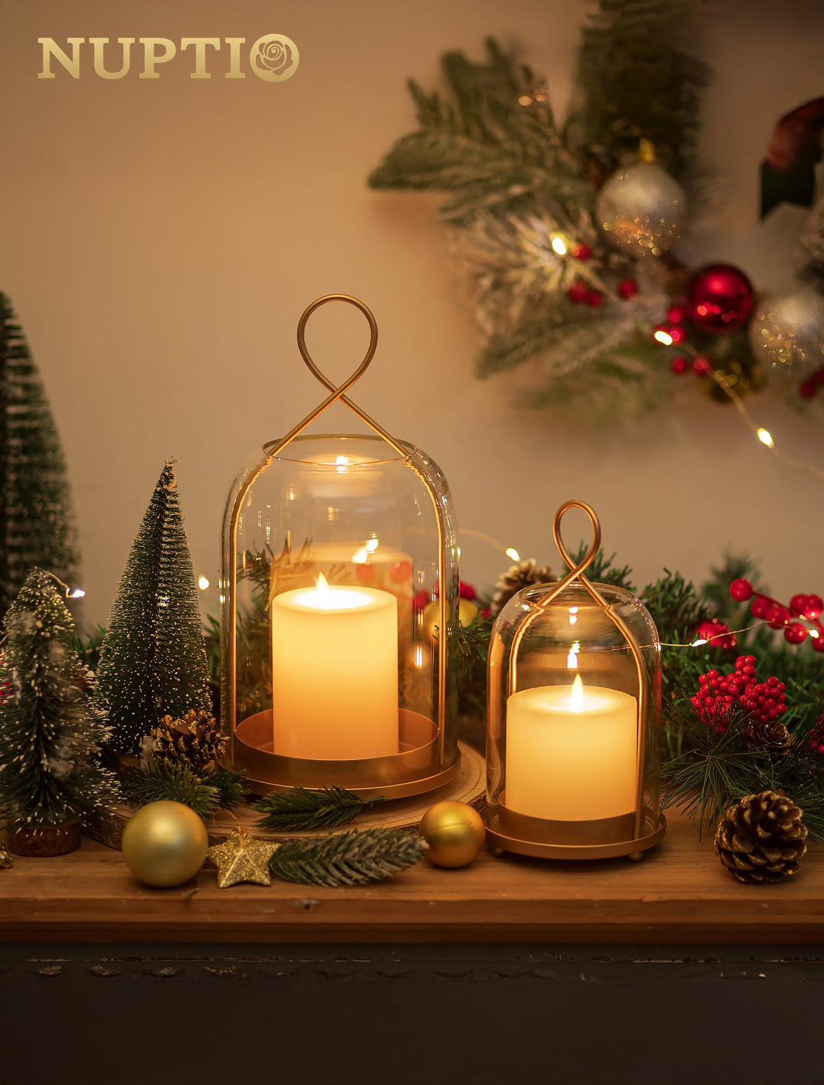 NUPTIO gold glass hurricane lanterns 2-pack side view highlighting sturdy base for tabletops.