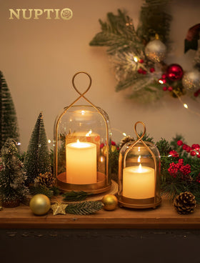 NUPTIO gold glass hurricane lanterns 2-pack side view highlighting sturdy base for tabletops.