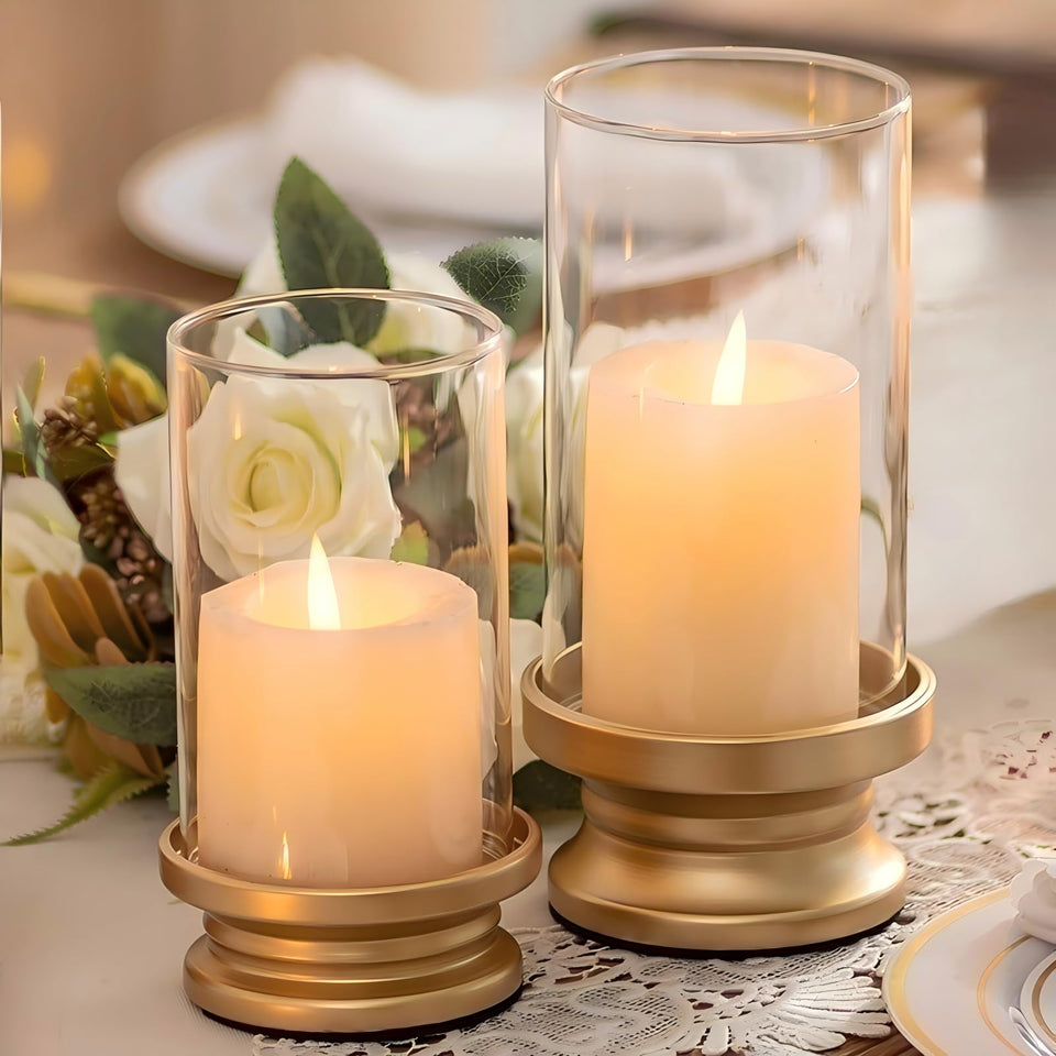 NUPTIO hurricane candle holder in gold with glass sleeve for small table setup and soft light