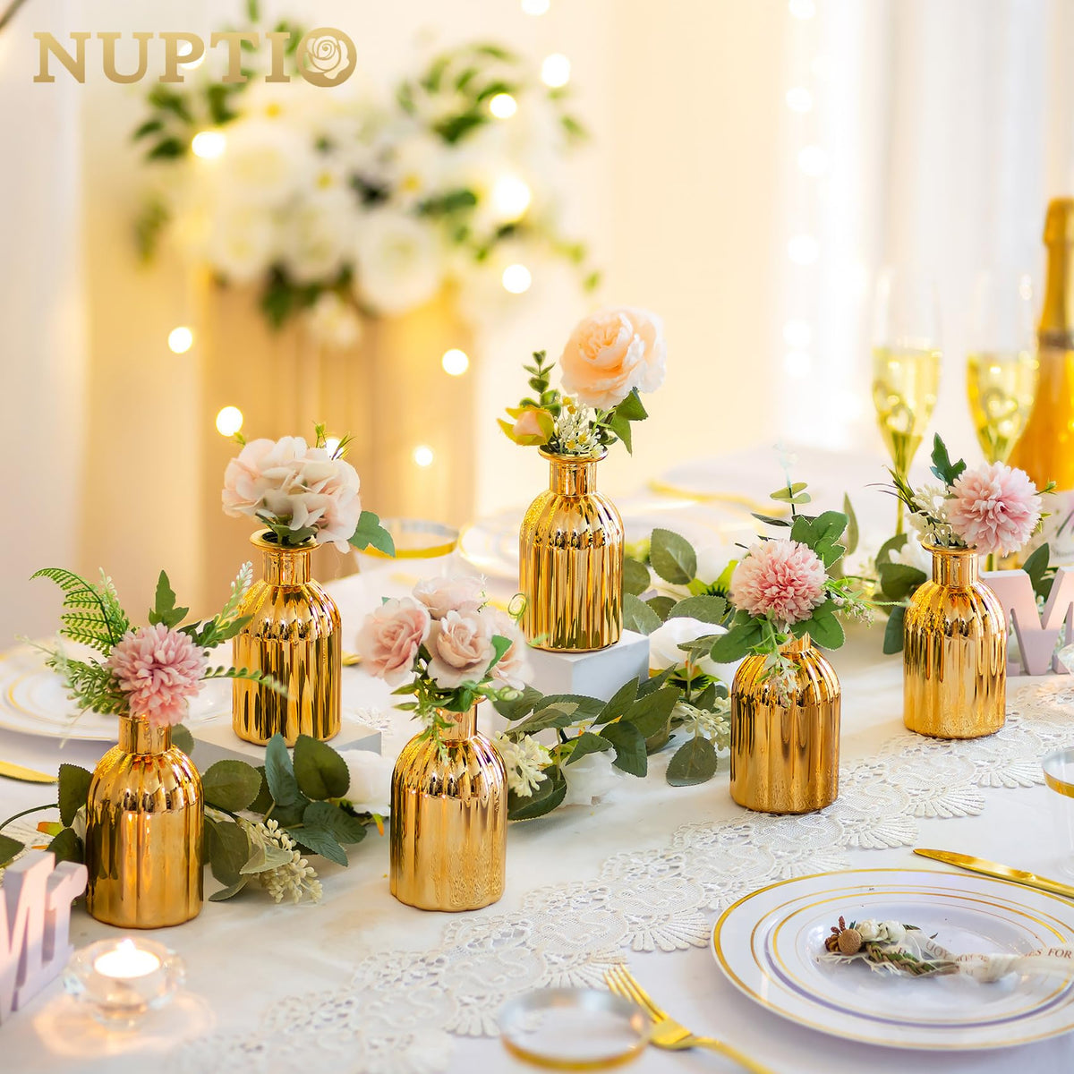 NUPTIO mini vintage glass vases gold offer compact centerpieces for table decor.