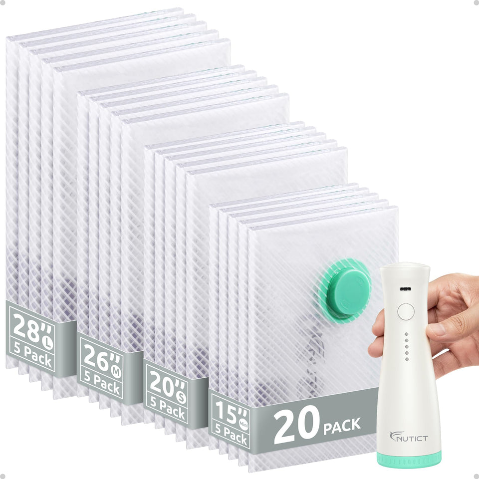NUTICT travel vacuum bags 20-pack laid out for space-saving packing.